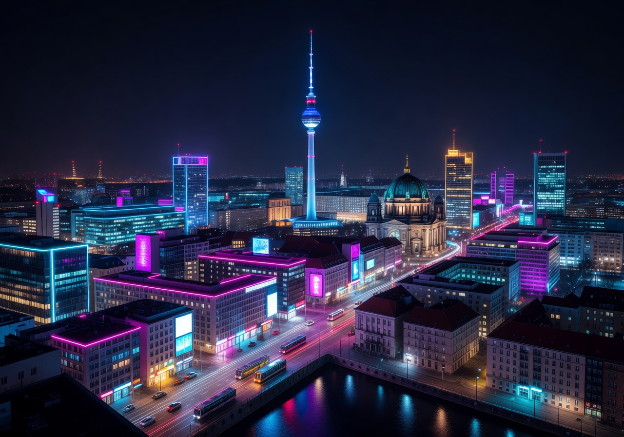 Berlin neon night city skyline with reflective wet streets