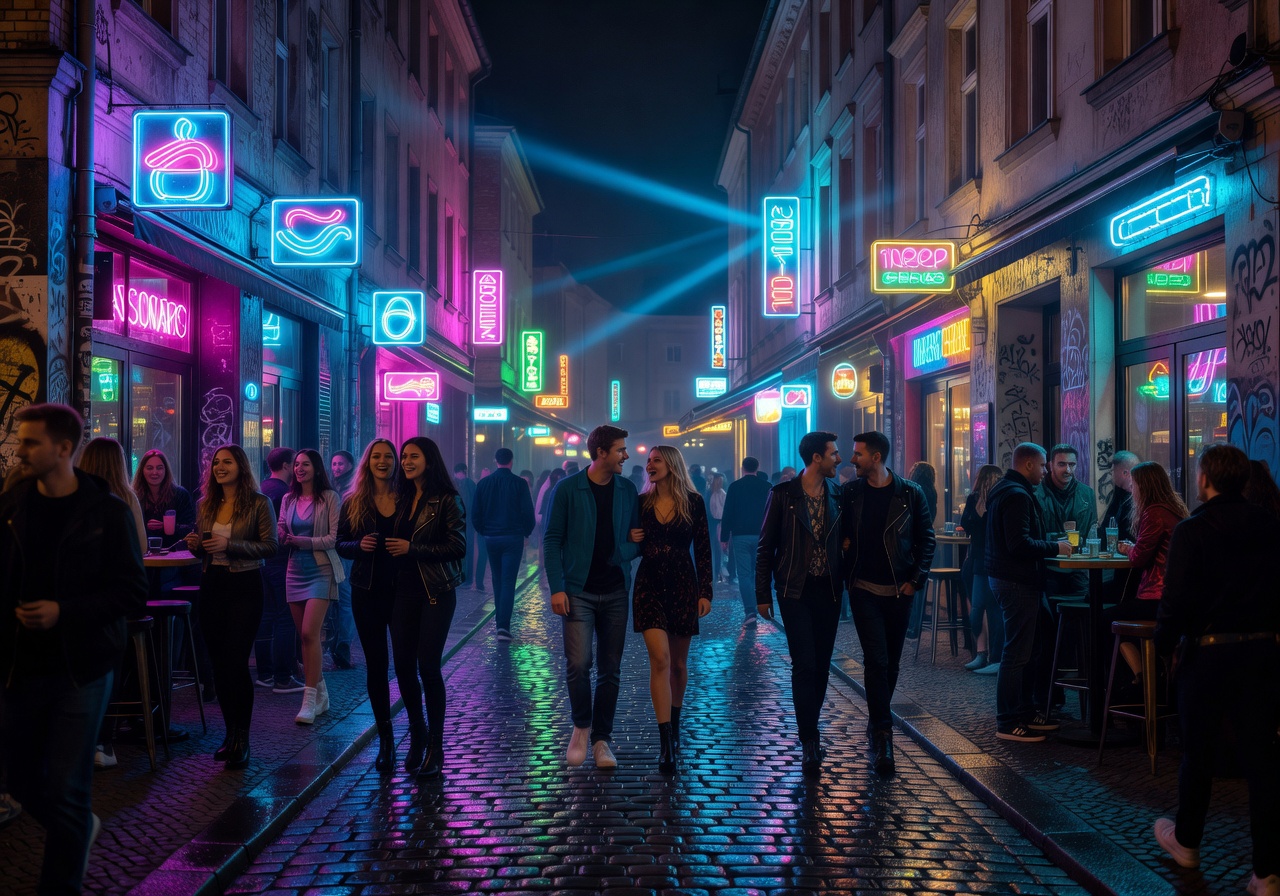 Berlin nightlife street with neon signs