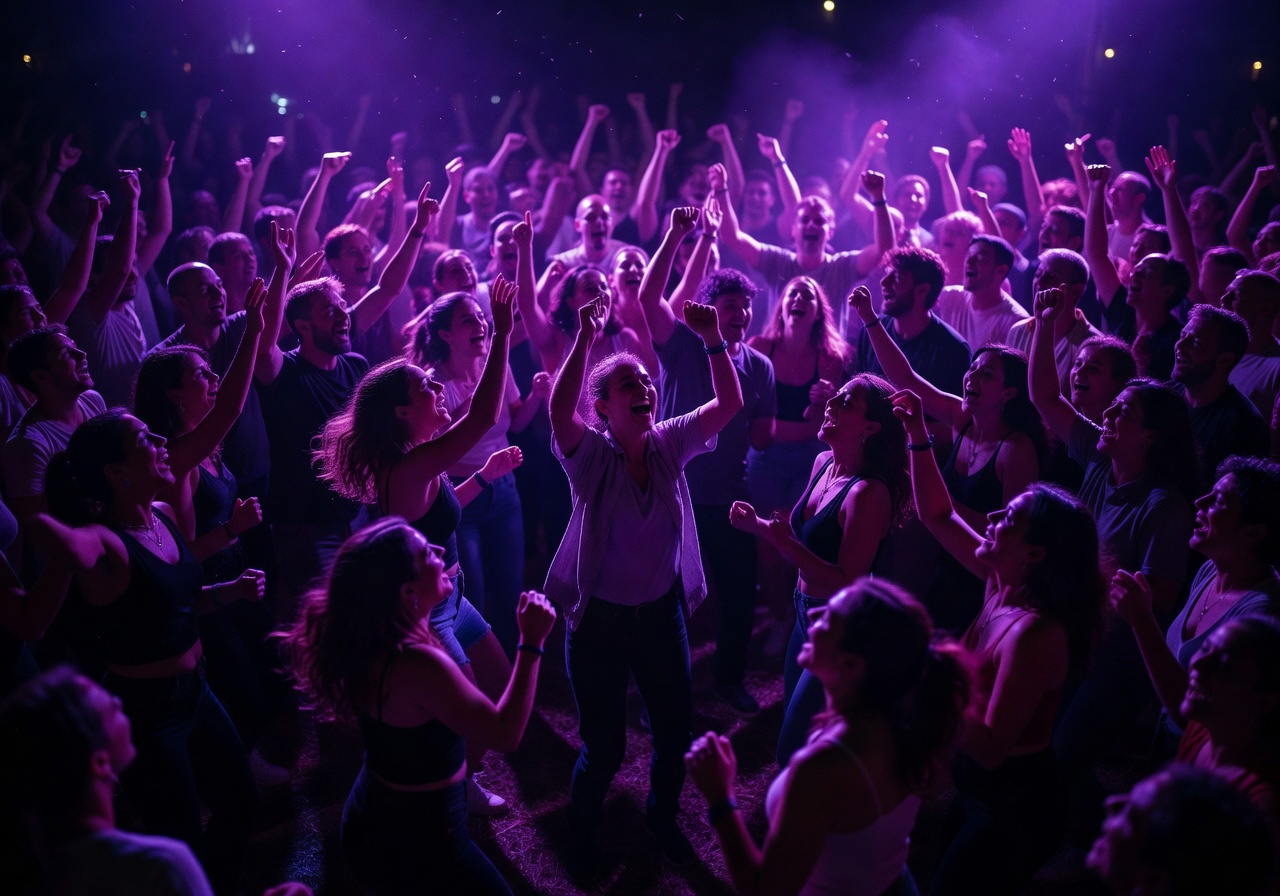 Crowd dancing under purple lights at night party