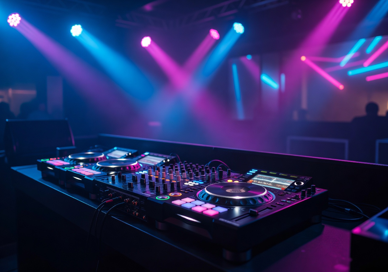 DJ booth with mixer and colorful lights
