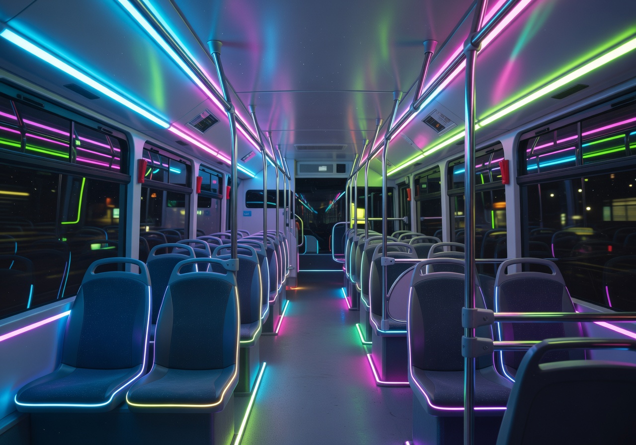 LED bus interior with neon strip lighting