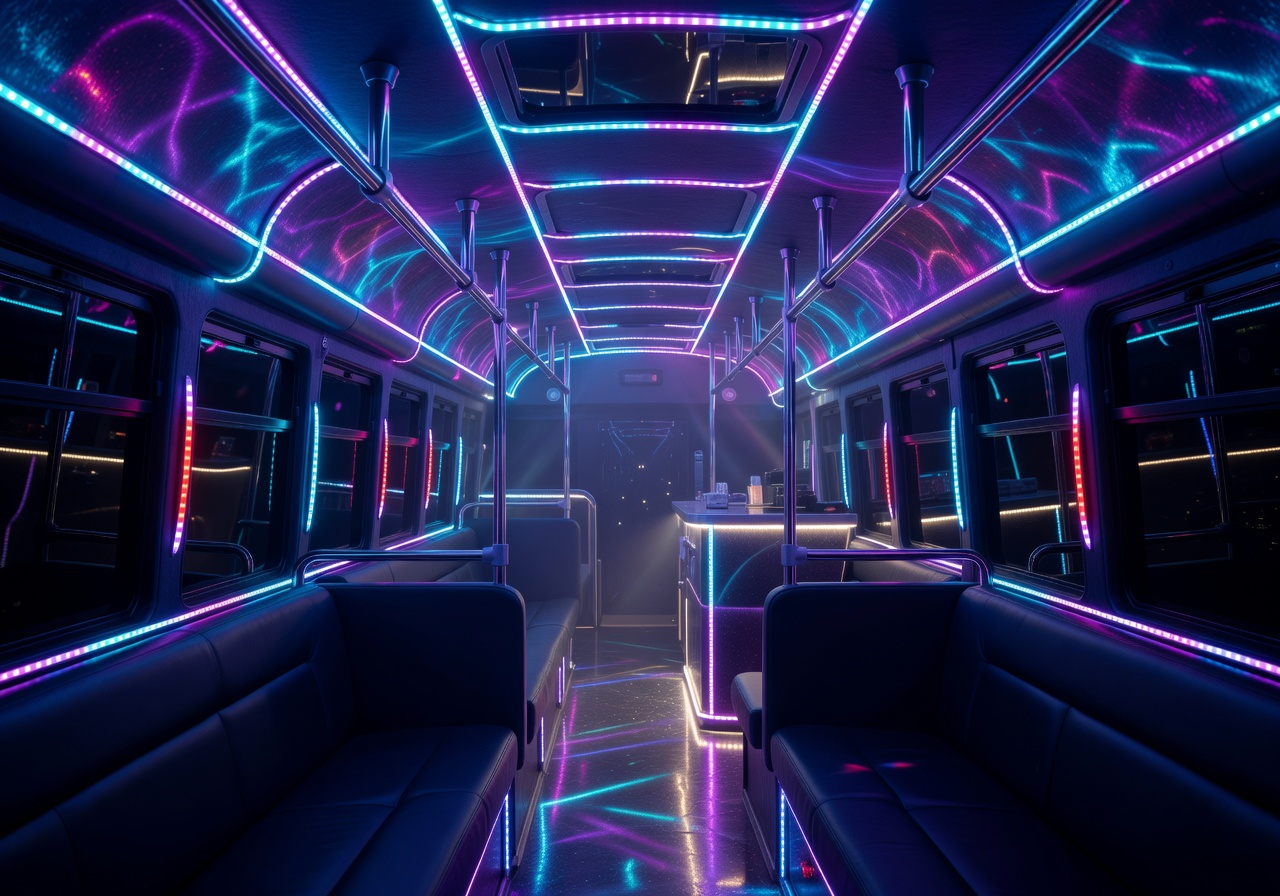 LED lighting installation inside custom party bus