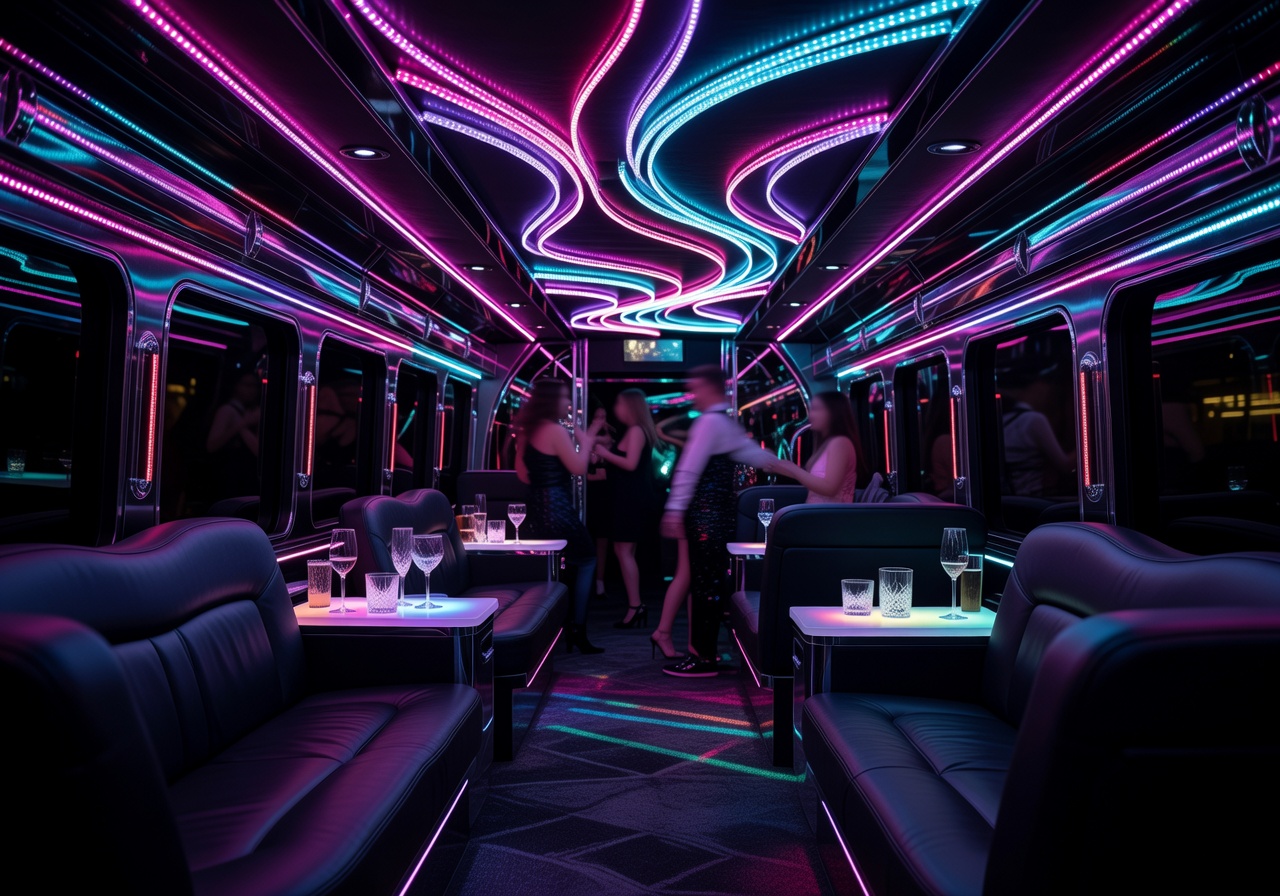 Luxury neon-lit party bus interior with LED ceiling