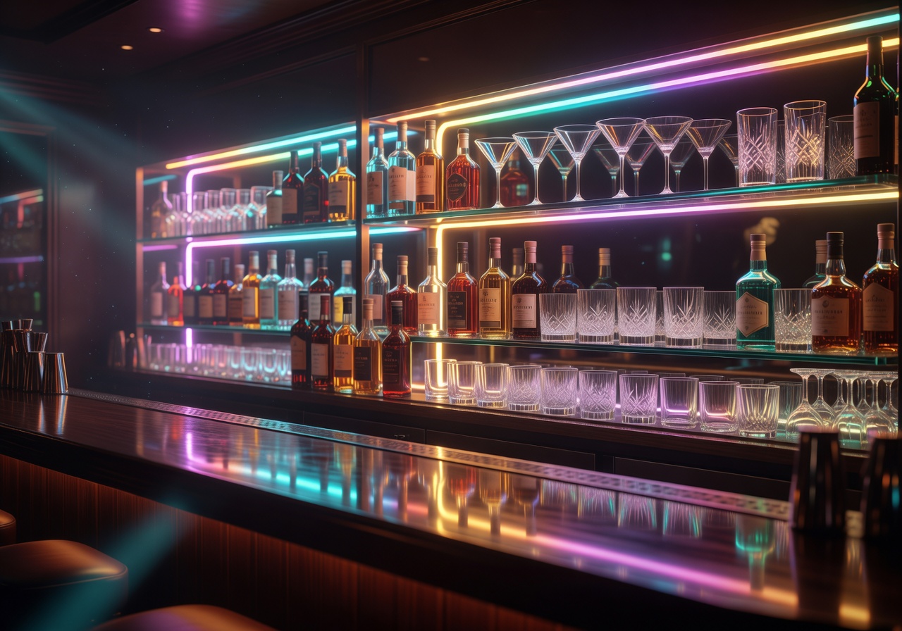 Neon backlit cocktail bar setup with bottles and glassware