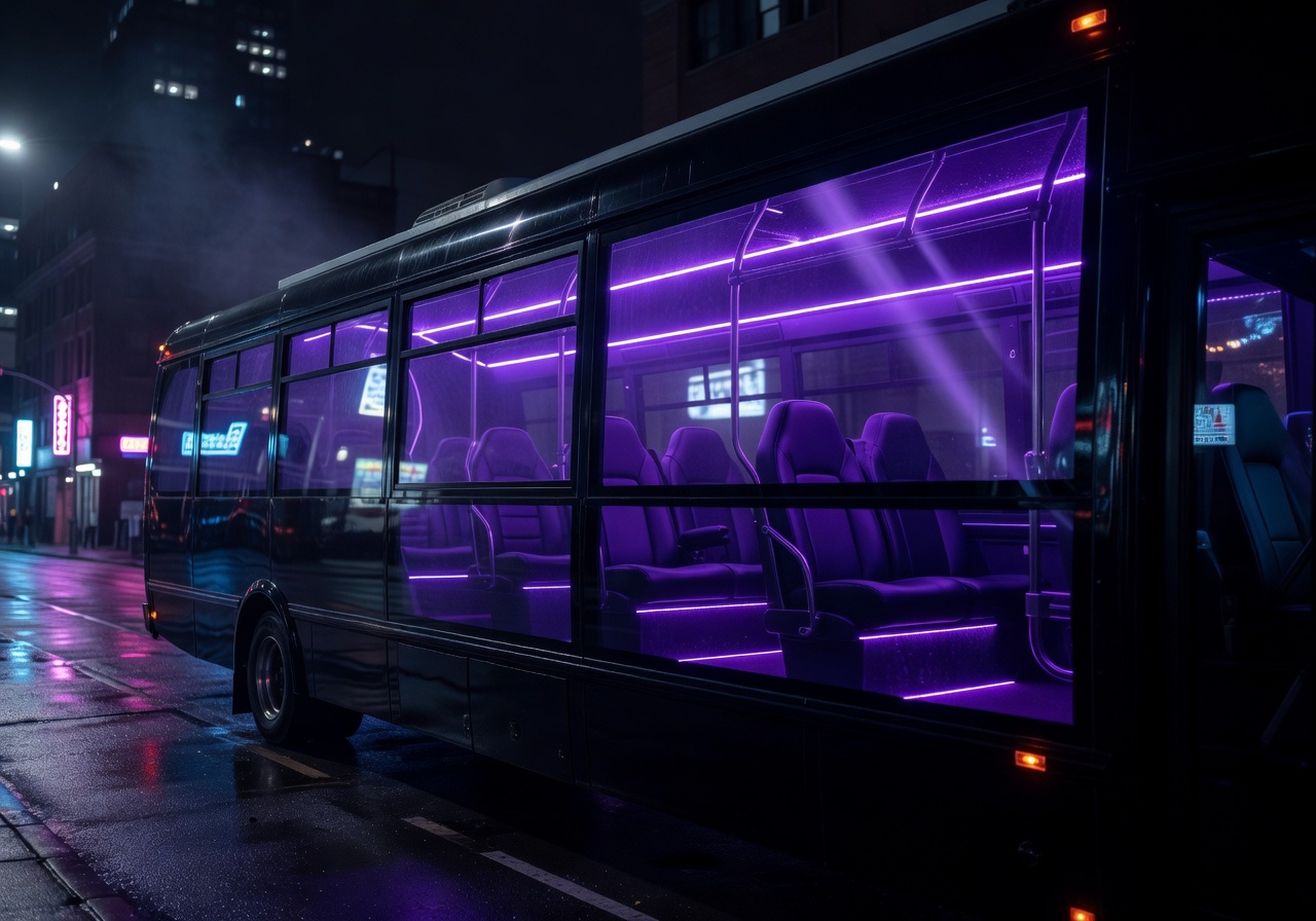Neon Reaper party bus with purple LED interior