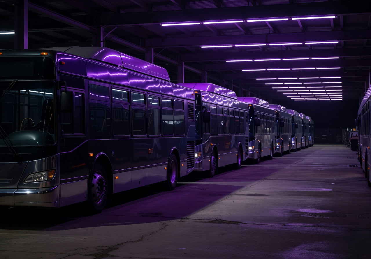 Row of buses parked under purple neon lights