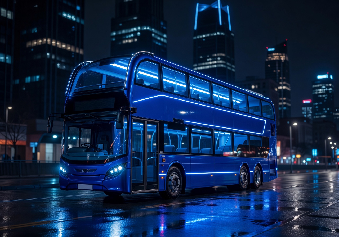 Skyline Sapphire double-decker with blue lighting