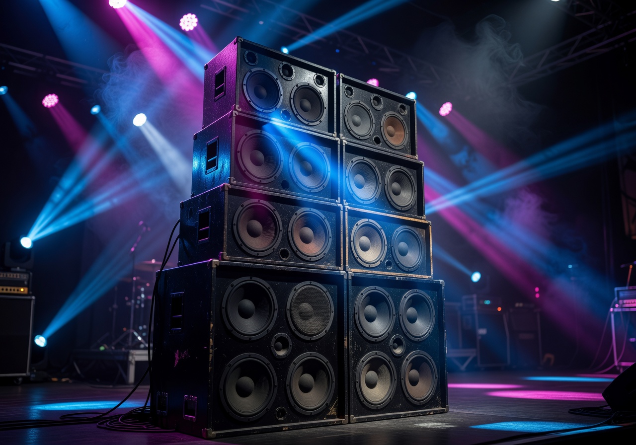 Speaker stack glowing with stage lighting