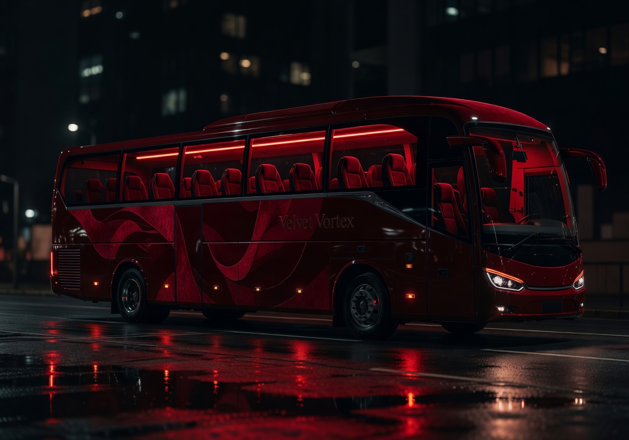 Velvet Vortex bus with red ambient lighting