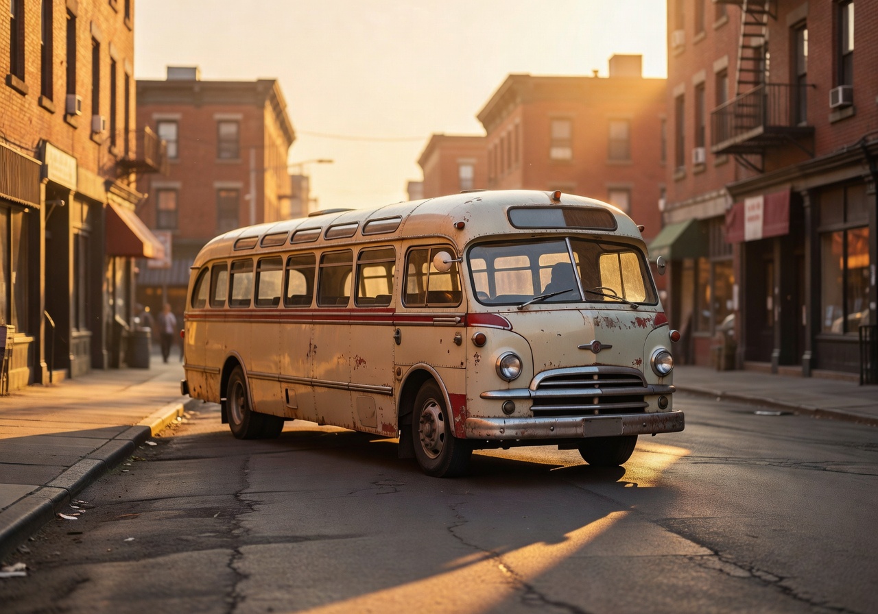 Vintage bus parked on city street at golden hour