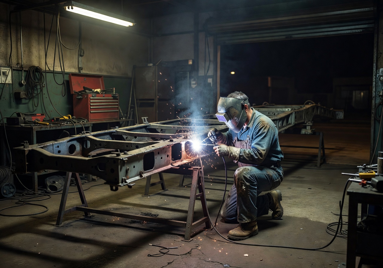 Workshop with mechanic welding bus chassis at night