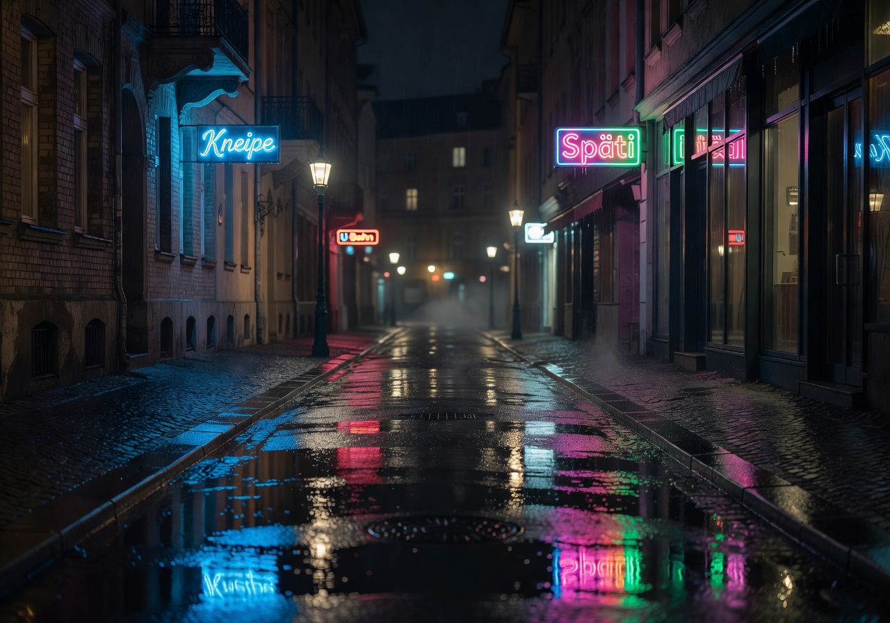 Berlin street with neon reflections at night