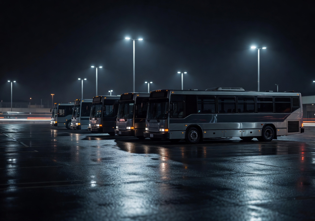 Buses parked at night