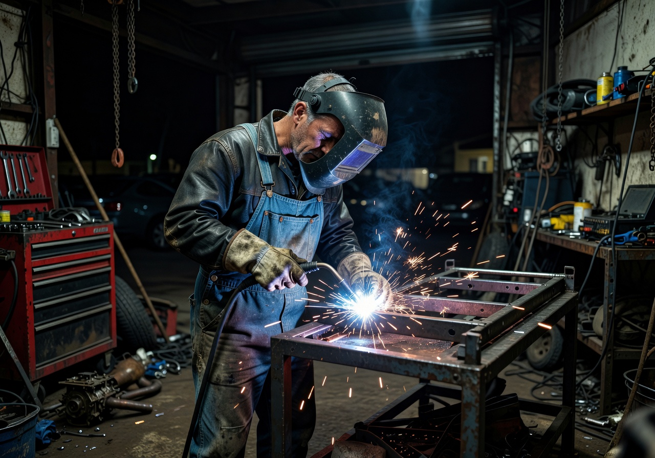 Mechanic welding at night