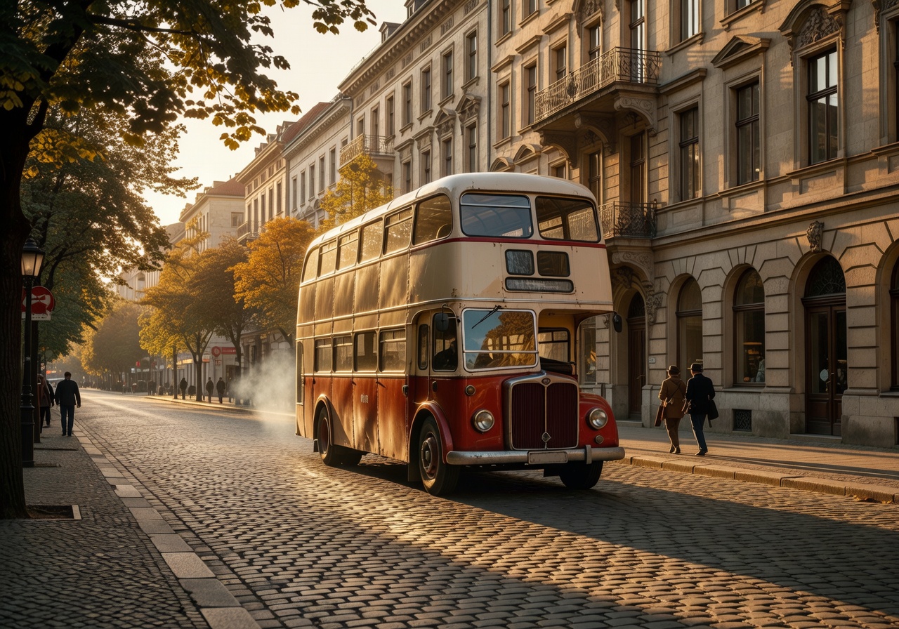 Vintage bus on Berlin street at golden hour