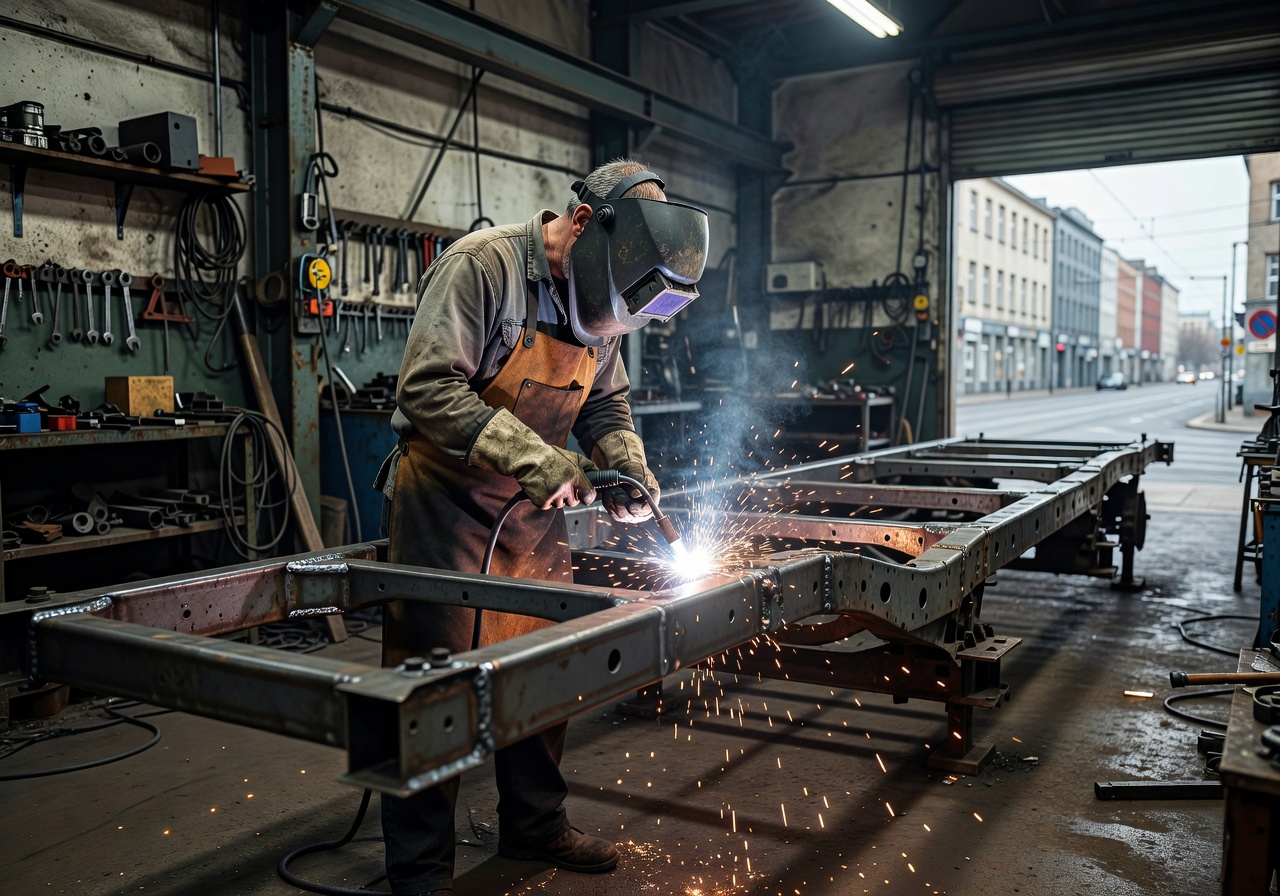 Welder working on bus chassis in Berlin workshop